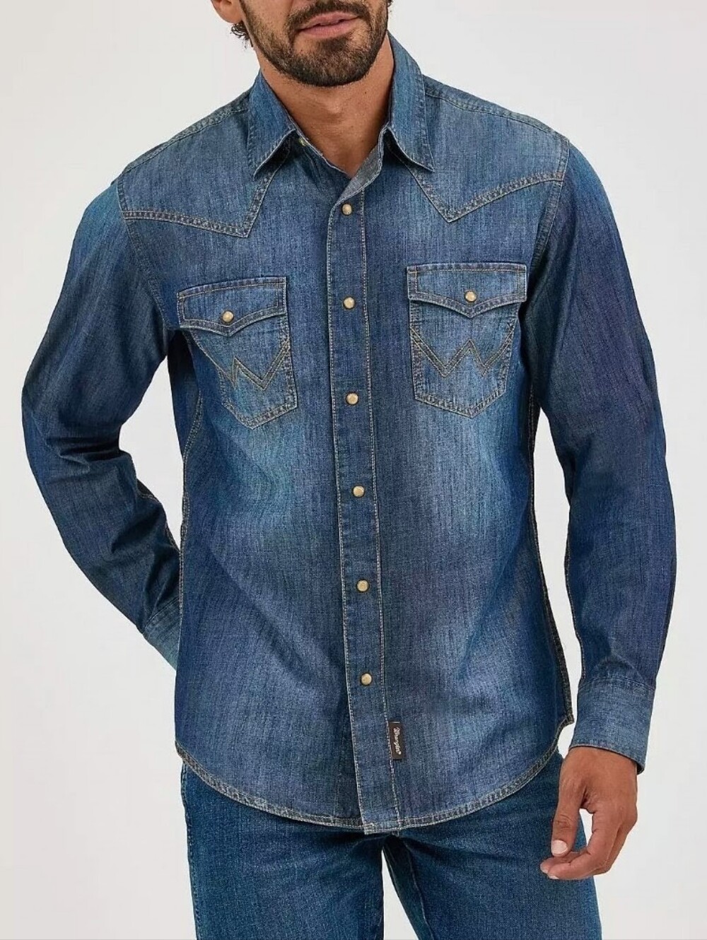 Wrangler Retro Premium Men's M Western Denim Shirt Medium Wash Pearl Snap